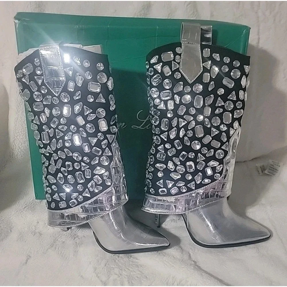 Lauren Lorraine Hana Sparkly Silver Rhinestone Cowboy Boots Women Western Size 9 - Picture 2 of 5